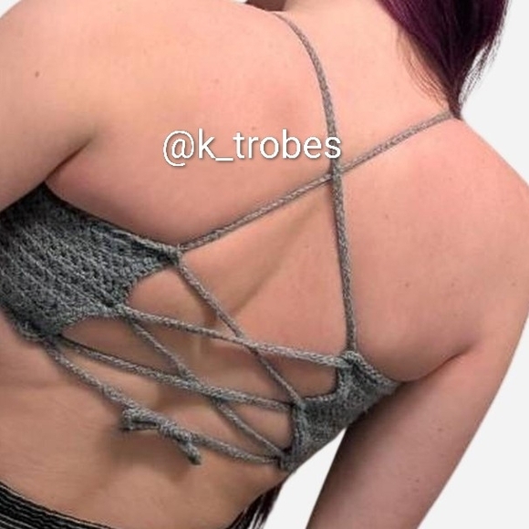 Gray Crochet Crop Tank Top Bralette Adjustable Spaghetti Straps - Picture 4 of 4